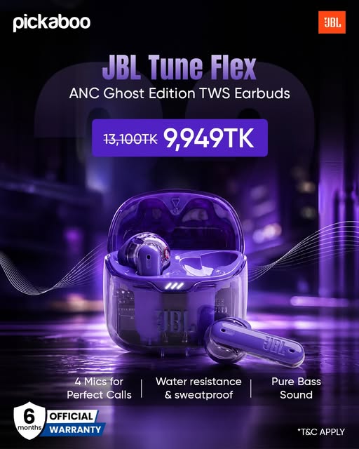 Hear better. Block the noise. Stay in your zone with The JBL Tune Flex ANC Ghost Edition TWS Earbuds